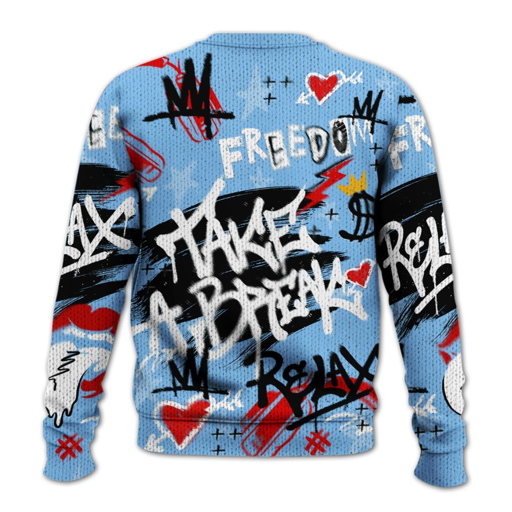 Knitted Sweater To Match University Blue 5s - Take Break Freedom Graffiti Streetwear