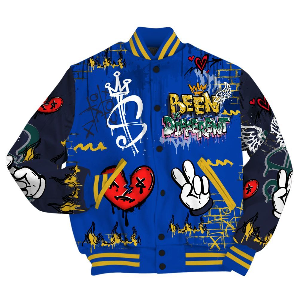 Varsity Jacket To Match Brazil Racer Blue Yellow 3s - Been Dif2erent Drip Graffiti All Over Print