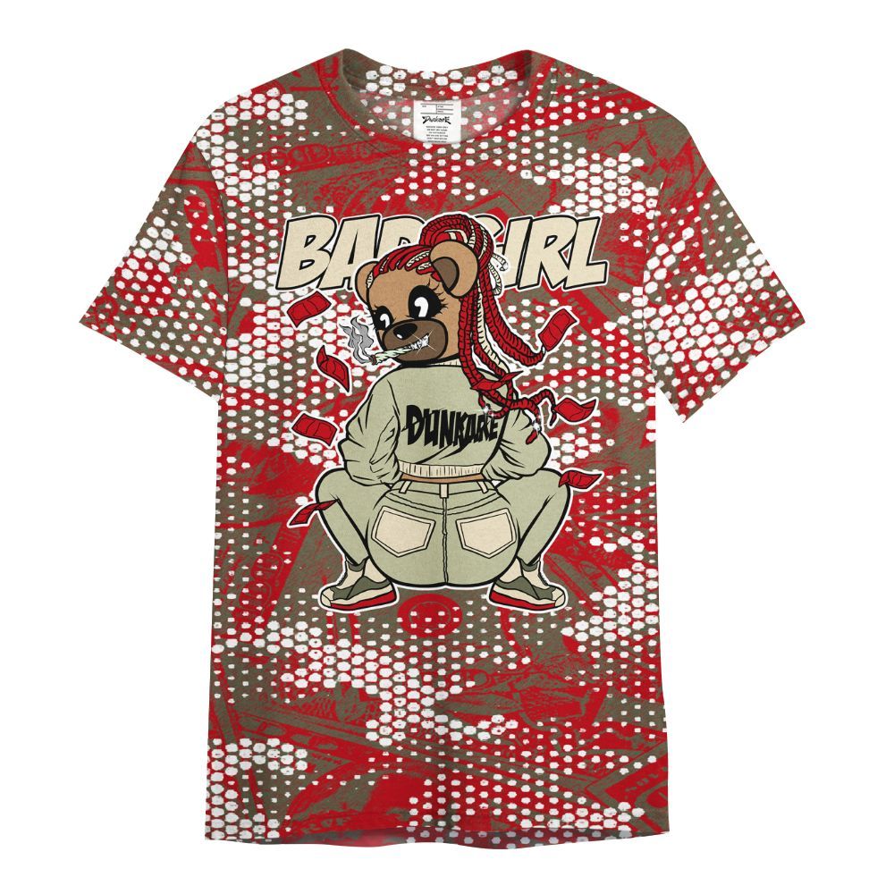 Shirt To Match Low OG Medium Olive 1s - Rebellious Girl Bear Banknotes Art All Over Print