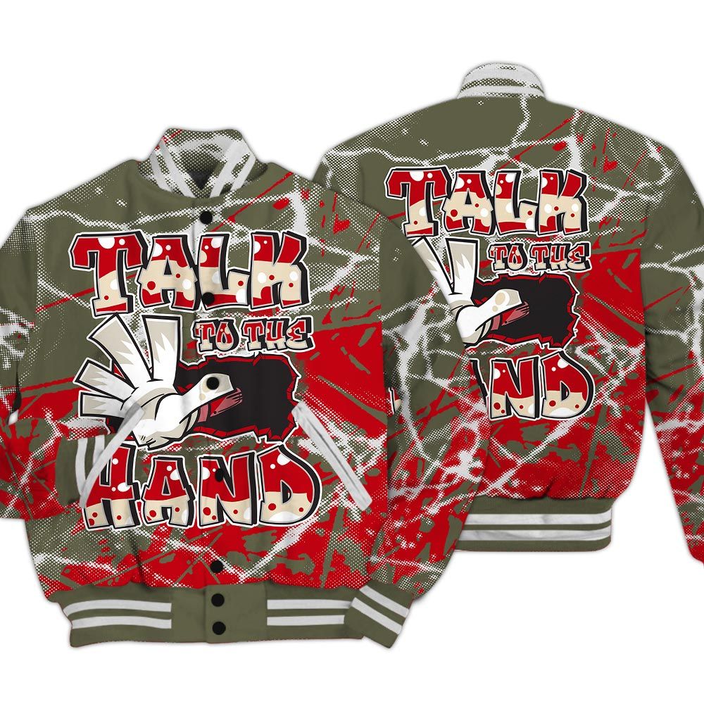 Varsity Jacket To Match Low OG Medium Olive 1s - Talk To Hand Profound Graphic Varsity Jacket Unisex