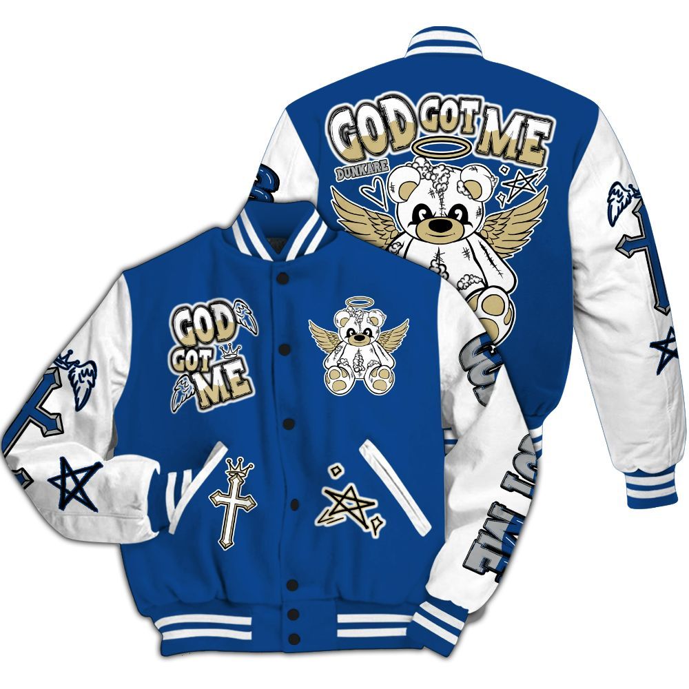 Varsity Jacket To Match Air Ship Royal Blue - Gods Guides Me Bear All Over Print