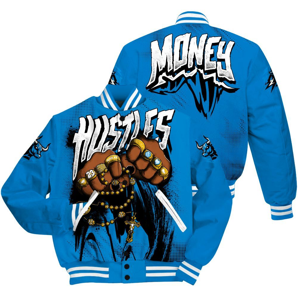 Varsity Jacket To Match Industrial Blue 4s - Hustle Make Money Military Blue 4s All Over Print