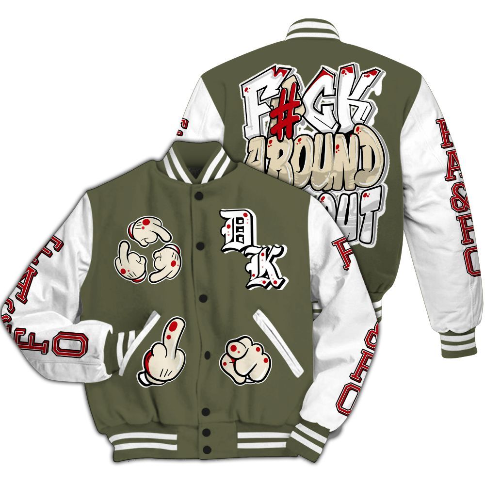 Varsity Jacket To Match Travis Scott Low OG Medium Olive 1s - F Around Find Out Graphic All Over Print