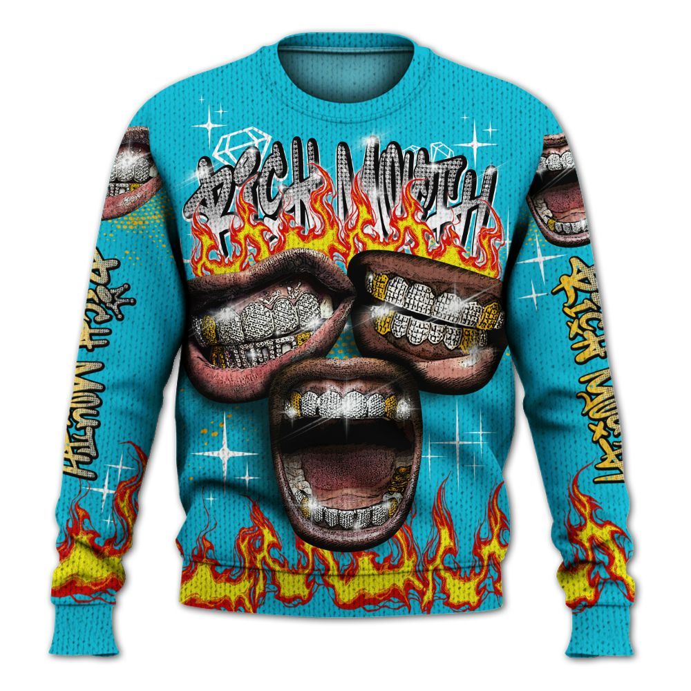 Knitted Sweater To Match Retro Aqua 5s - Rich Mouth Fire Rap Retro 90s