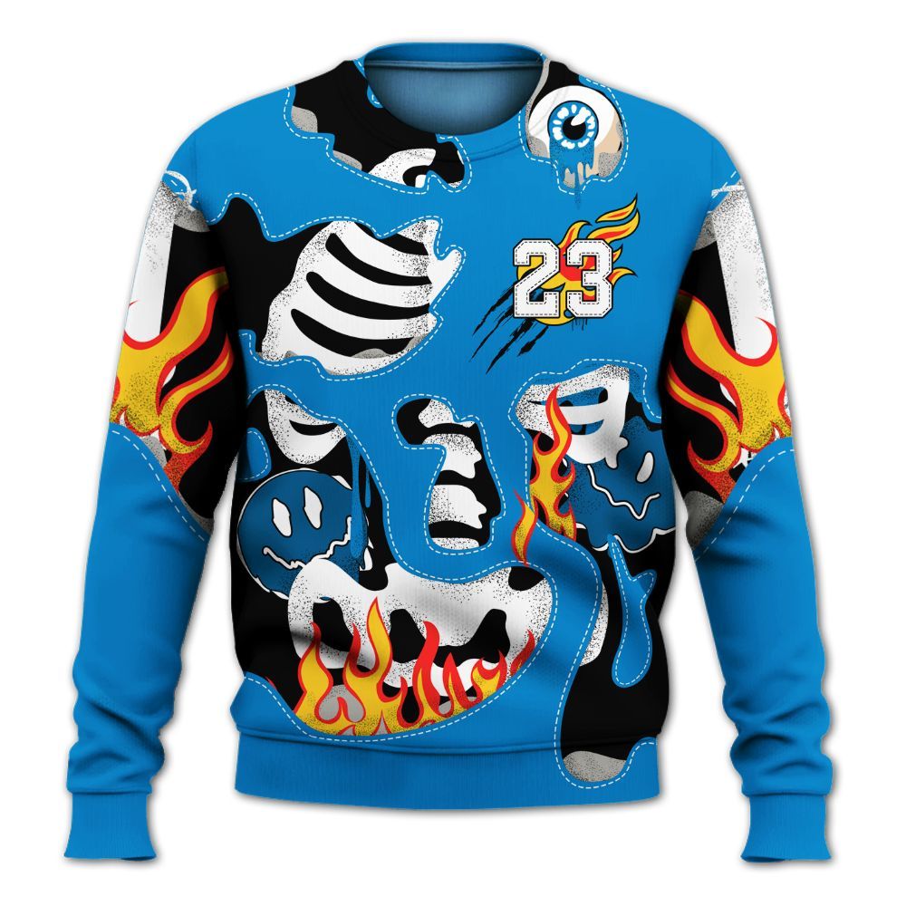 Sweatshirt To Match Industrial Blue 4s - Skeleton Smile Flame Drip Military Blue 4s All Over Print