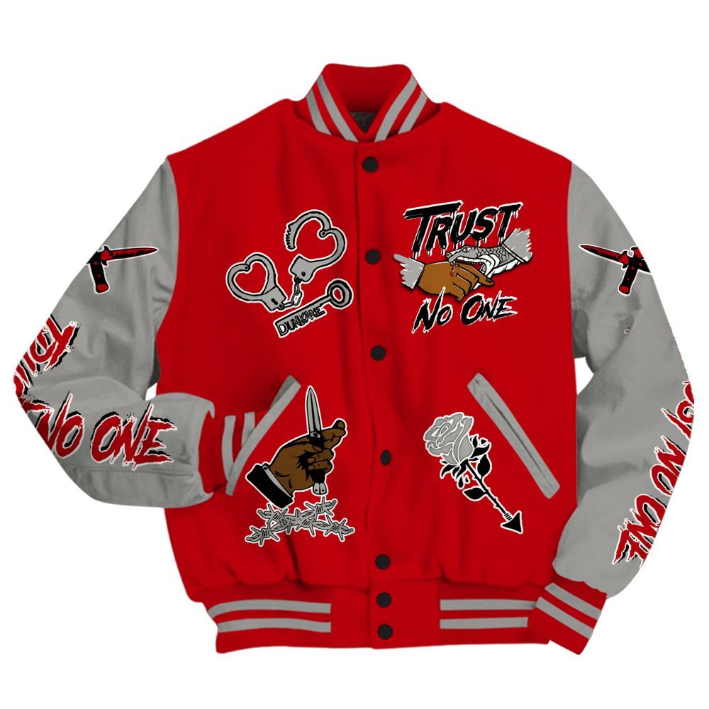 Varsity Jacket To Match Air Griffey Max Gray Reds 1s - Trust No One Dripping All Over Print