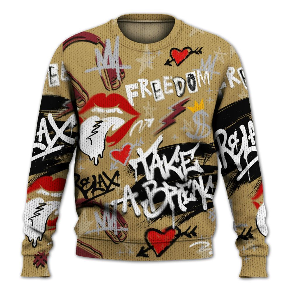 Knitted Sweater To Match Kobe 4 Gold Medal - Take Break Freedom Graffiti Streetwear