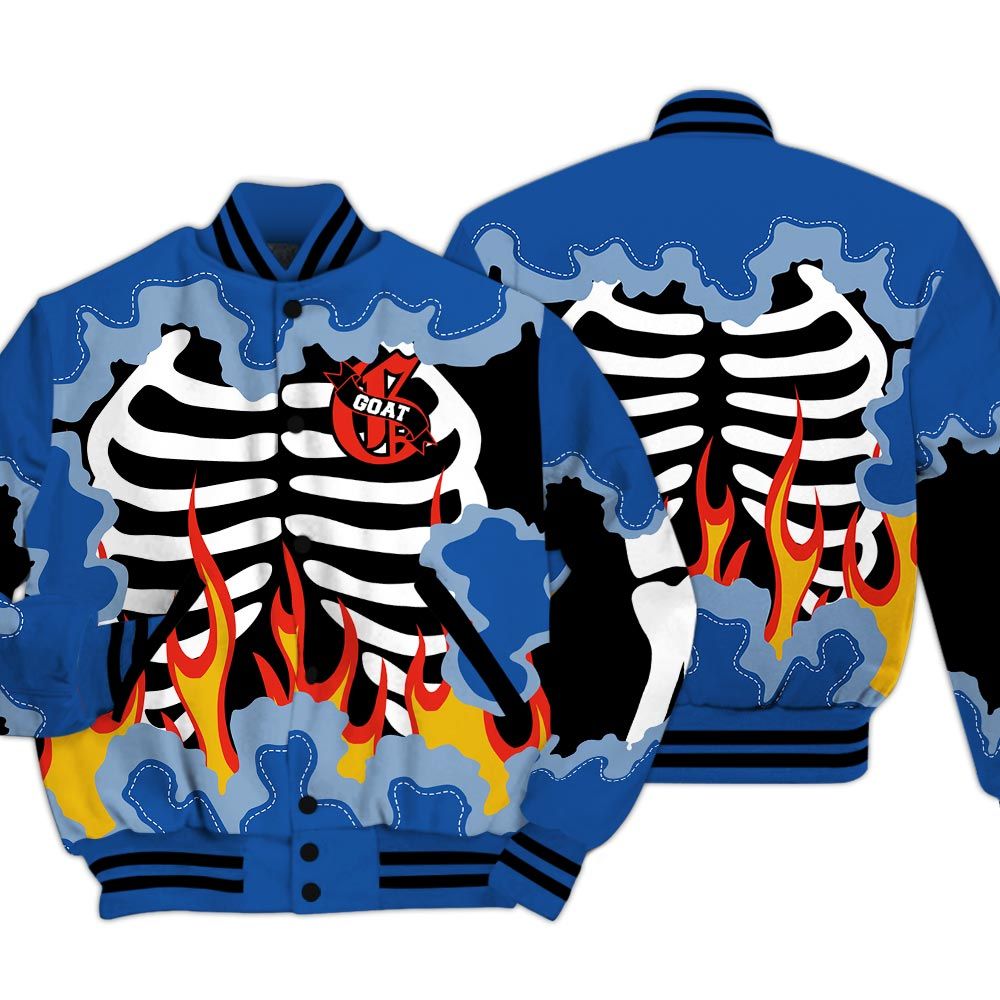 Varsity Jacket To Match Low Space Royal 11s - G.O.A.T 23 Skeleton Flame Baseball Varsity Jacket Outfit