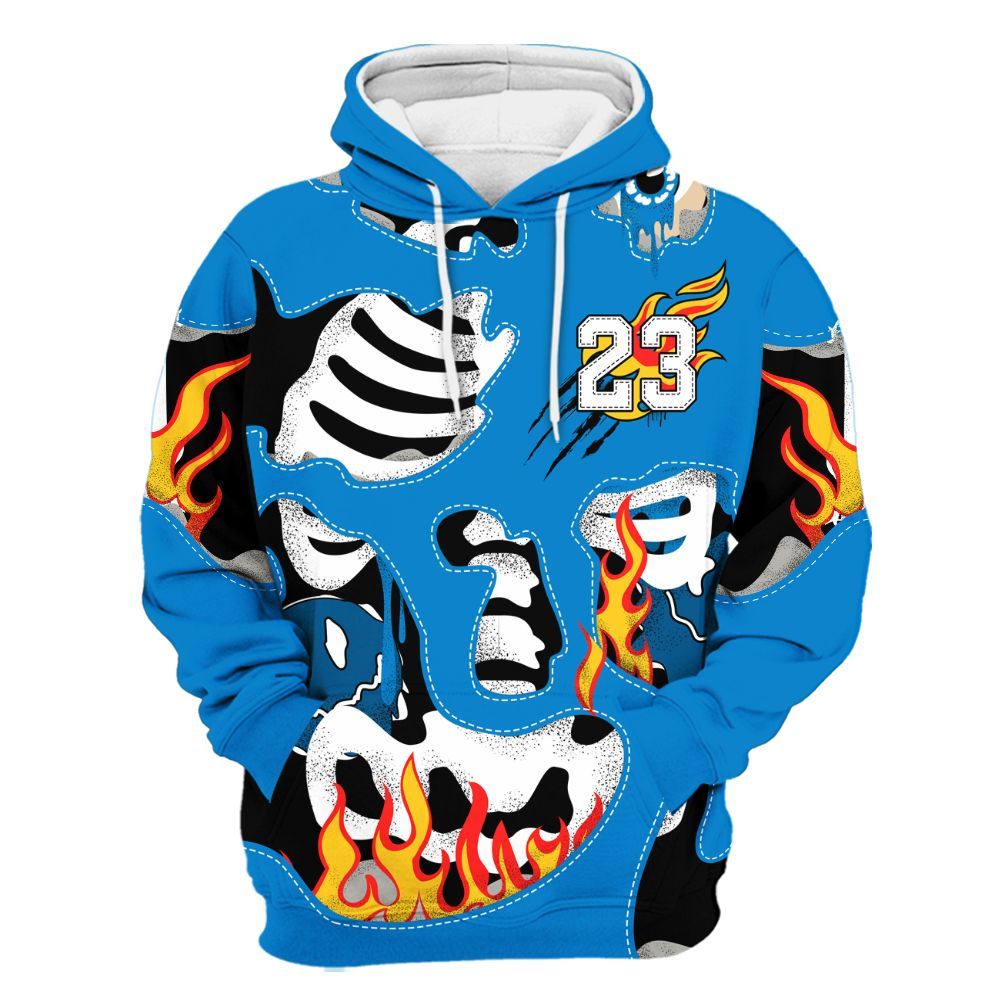 Hoodie To Match Industrial Blue 4s - Skeleton Smile Flame Drip Military Blue 4s All Over Print