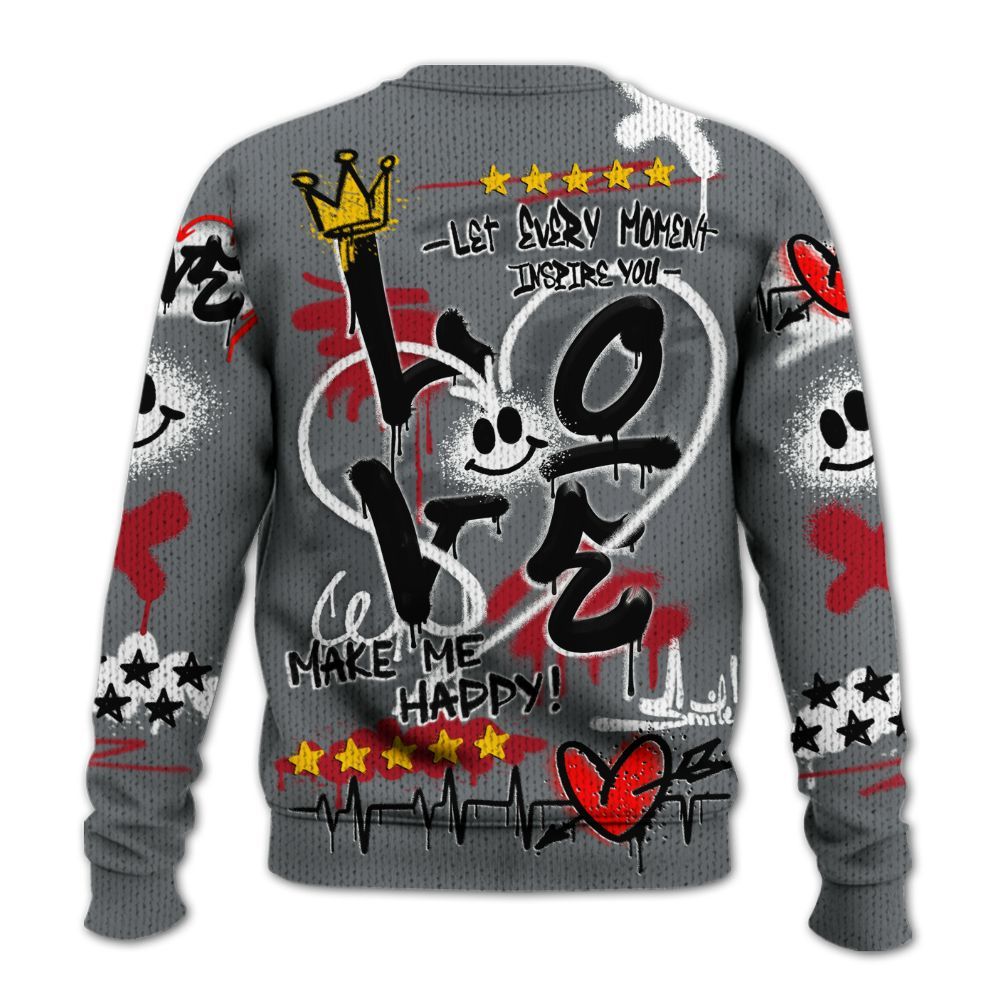 Knitted Sweater To Match Retro Fire Red 9s - Happy Love Beats Graffiti Streetwear