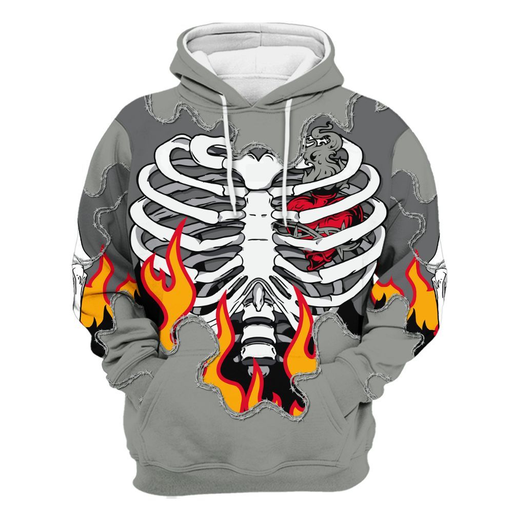 Hoodie To Match Paris Olympics 4s - Skeleton Heart On Fire All Over Print
