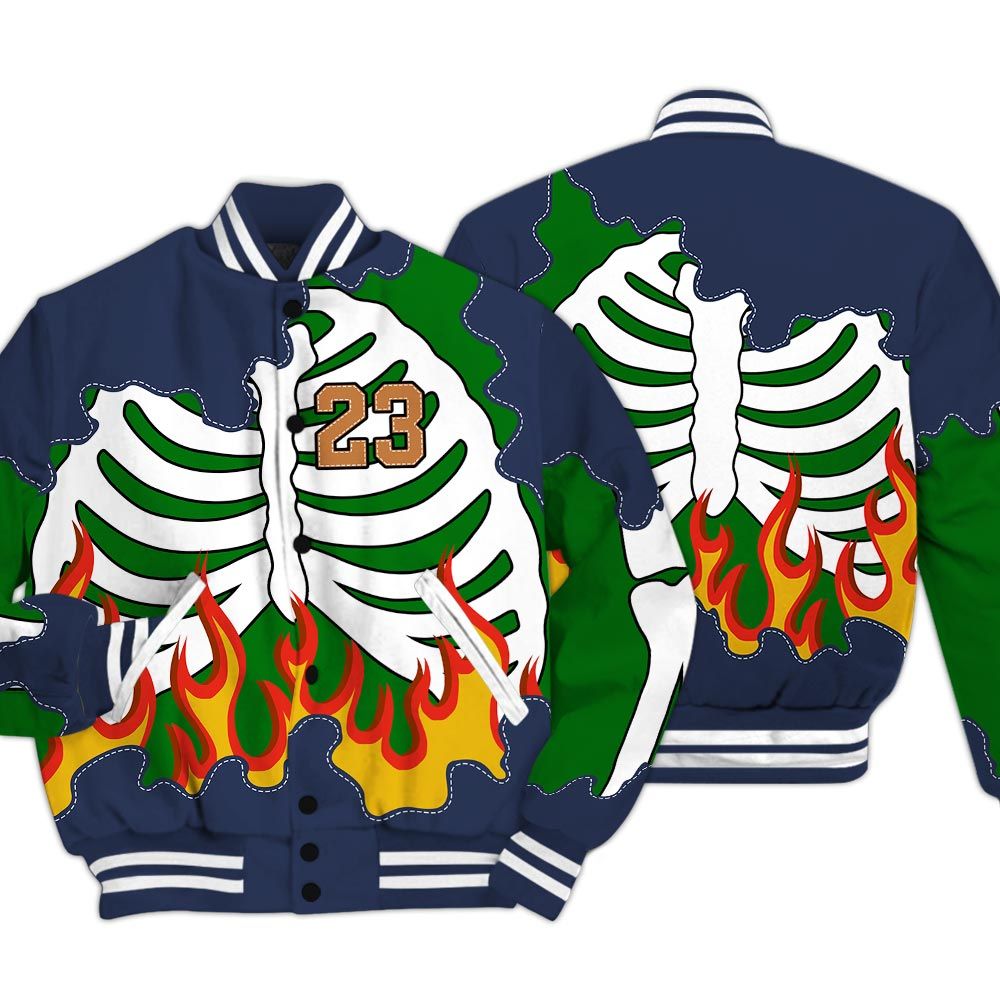 Varsity Jacket To Match Midnight Navy 13s - Number 23 Skeleton Flame Baseball Varsity Jacket