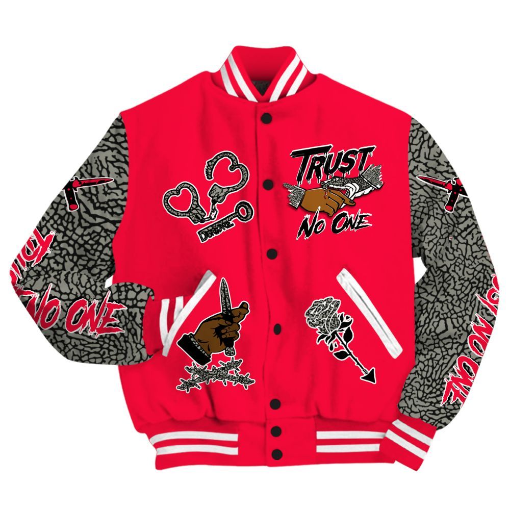 Varsity Jacket To Match Retro Fire Red 3s - Trust No One Dripping All Over Print