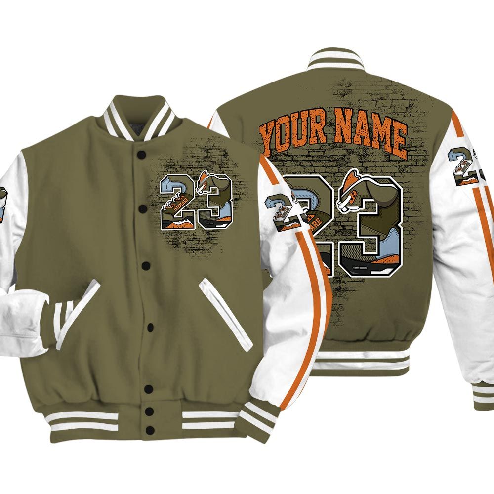 Varsity Jacket To Match Varsity Custom Name Number 23 5s, Olive 5s Baseball - To Match Sneaker Olive 5s Graphic Tee 1904 HDT