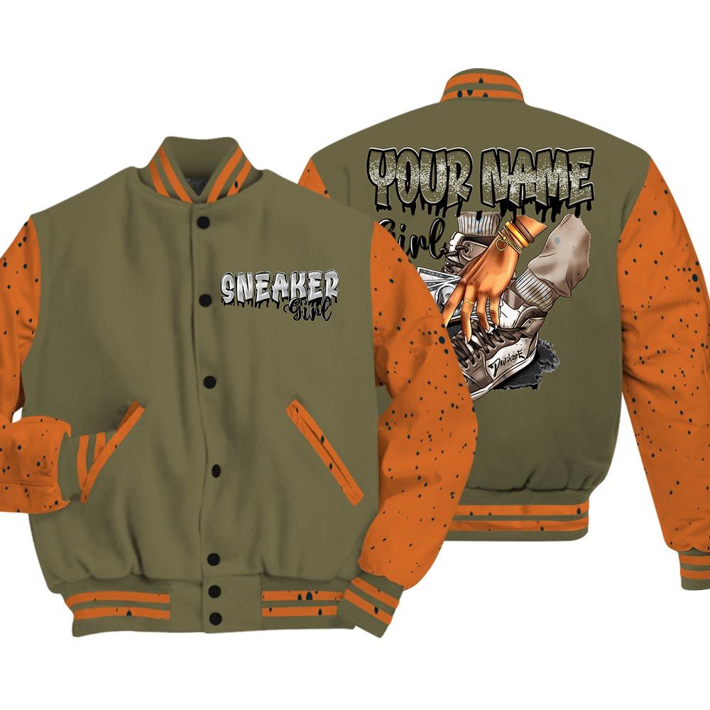 Varsity Jacket To Match Varsity Streetwear Custom Name Sneaker Girl Money, Olive 5s T-Shirt, Sneaker Olive 5s Baseball Varsity Jacket 1604 NCT