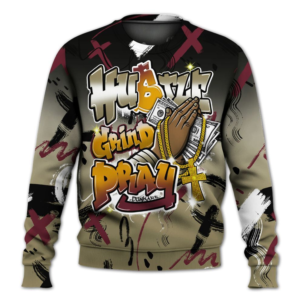 Sweatshirt To Match Black Olive 7s - Money Hustle Grind Pray All Over Print