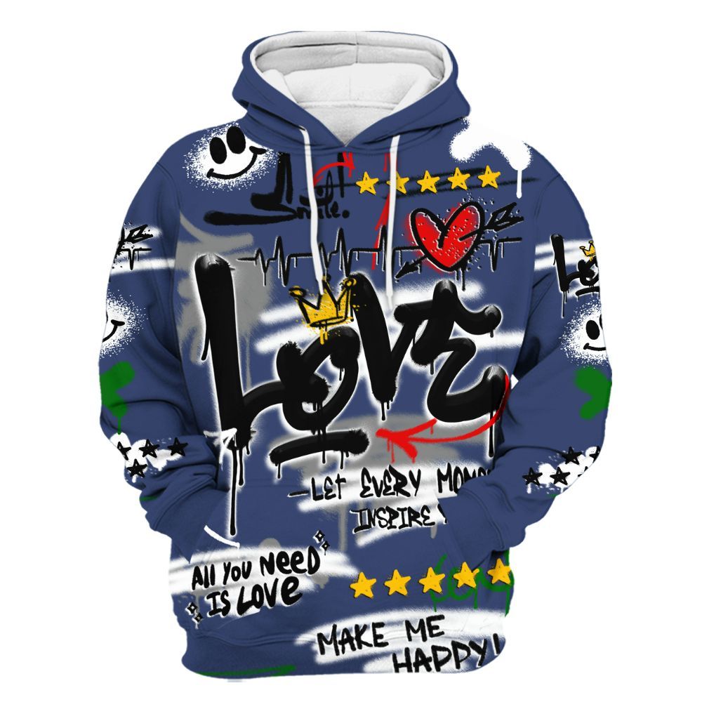 Hoodie To Match Midnight Navy 13s - Happy Love Beats Graffiti Streetwear All Over Print