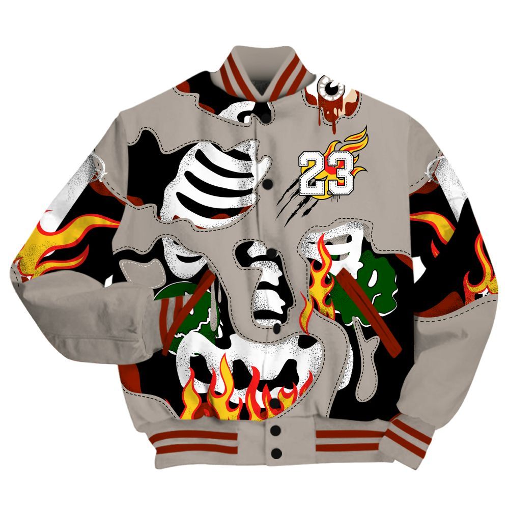 Varsity Jacket To Match El Grito 5s - Skeleton Smile Flame Drip All Over Print
