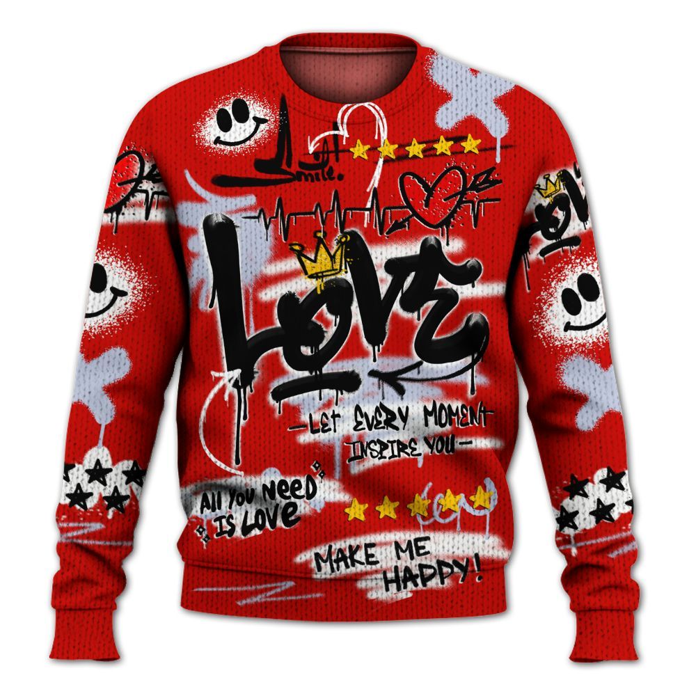 Knitted Sweater To Match Fire Red 6s - Happy Love Beats Graffiti Streetwear