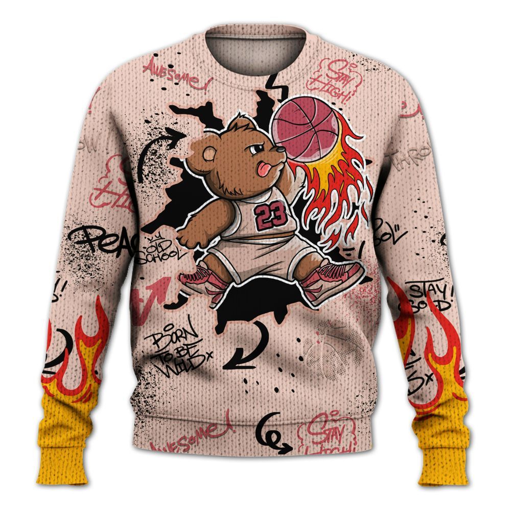 Sweater To Match Washed Coral 2s Shirt - Number 23 Basketball Bear Custom Name Graphic