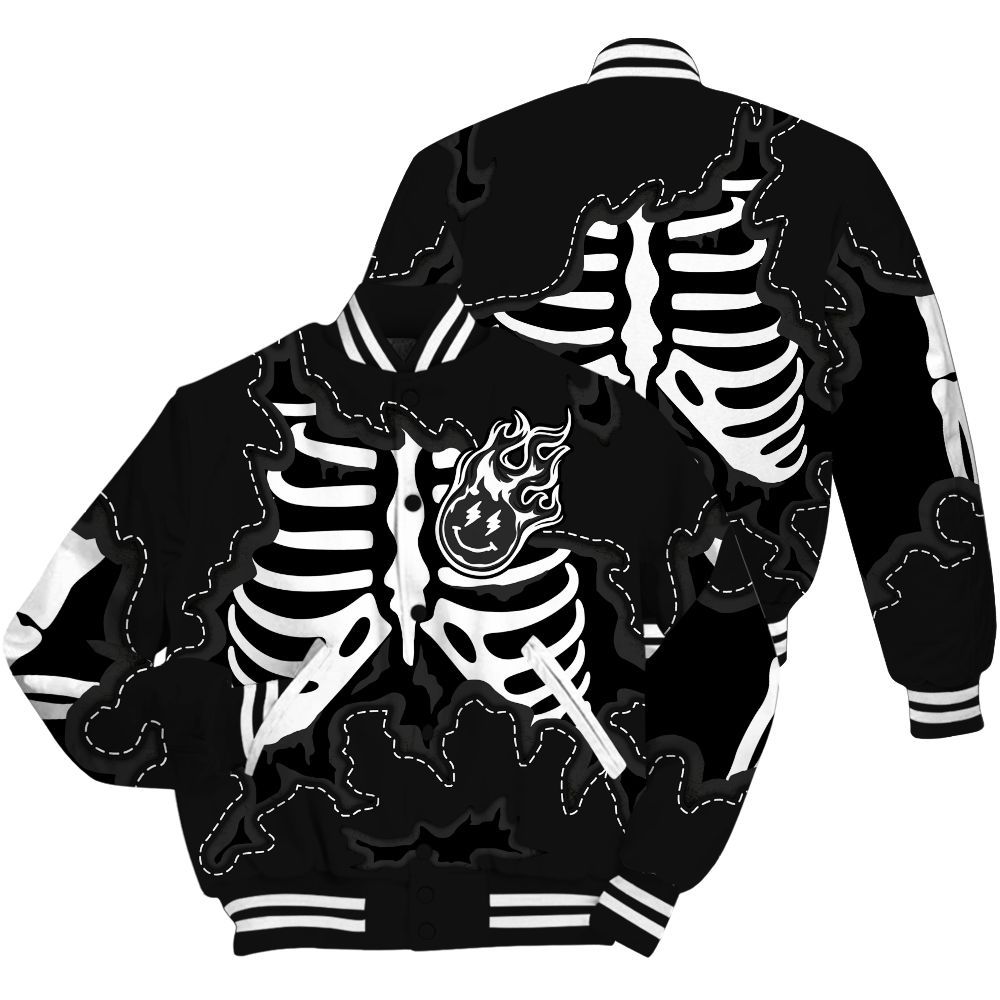 Varsity Jacket To Match White Thunder 4s Shirt, Skeleton Smiley Face All Over Print