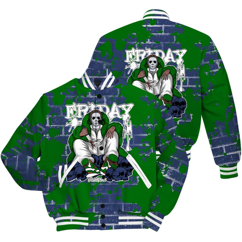 Varsity Jacket To Match Midnight Navy 13s Shirt - Friday Brick All Over Print