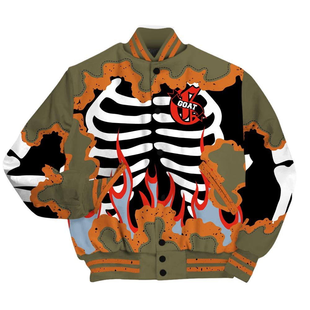 Varsity Jacket To Match Olive 5s - G.O.A.T 23 Skeleton Flame Baseball Varsity Jacket Outfit