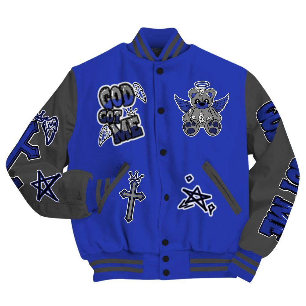 Varsity Jacket To Match Air Max Plus Black Racer Blue - Gods Guides Me Bear All Over Print