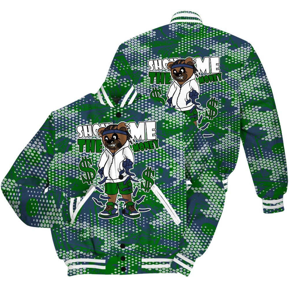 Varsity Jacket To Match Midnight Navy 13s Shirt - Show Me Bear Banknotes Art All Over Print