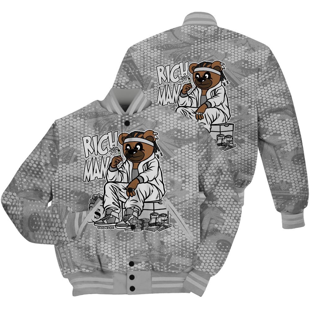 Varsity Jacket To Match Black Wolf Grey 12s Shirt - Rich Man Bear Banknotes Art All Over Print