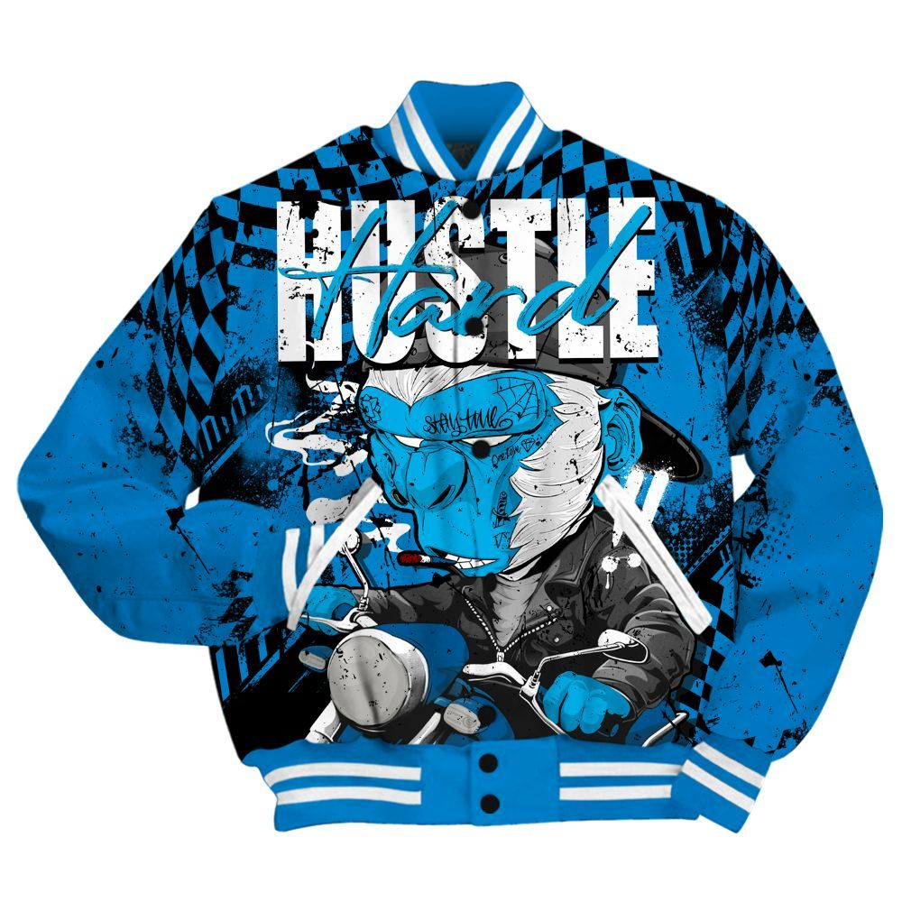 Varsity Jacket To Match Industrial Blue 4s - Hustle Hard Monkey Military Blue 4s All Over Print