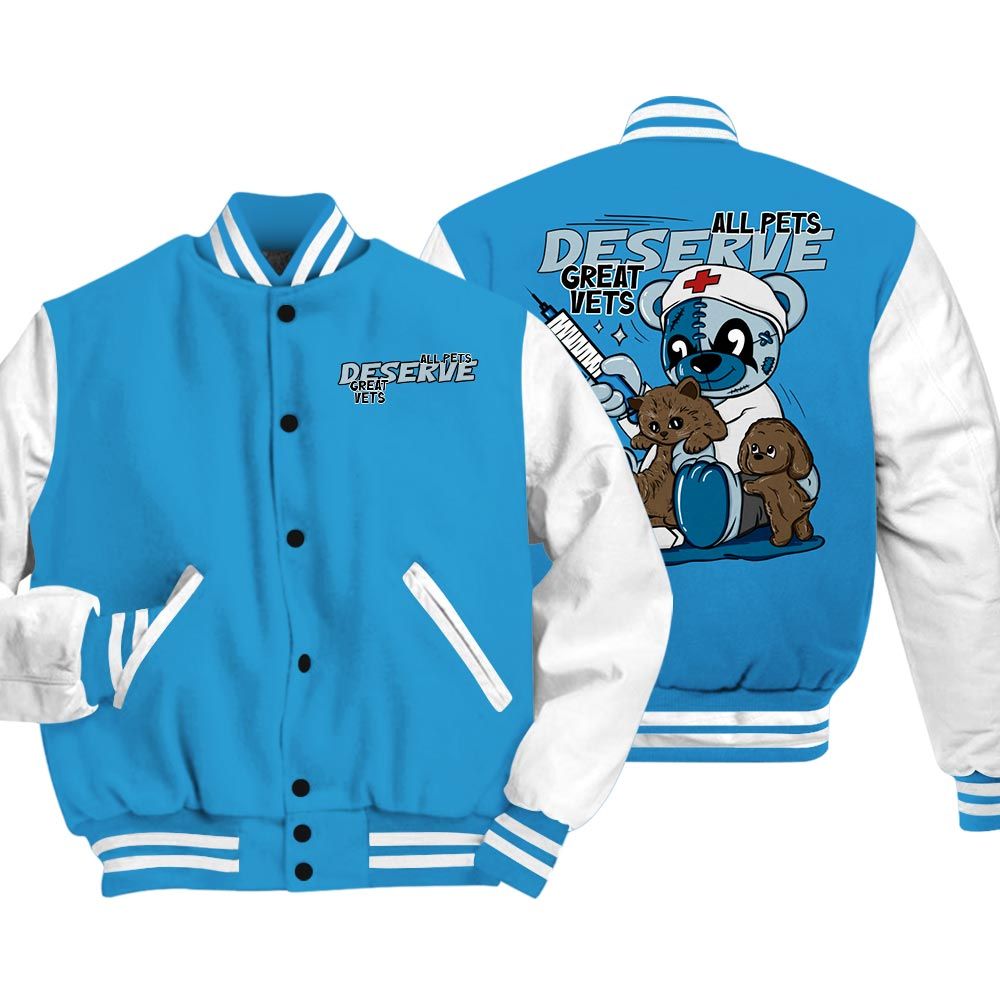 Varsity Jacket To Match Powder Blue 9s Vasity Jacket - All Pets Deserve Great Vets Bear Vasity Jacket Unisex