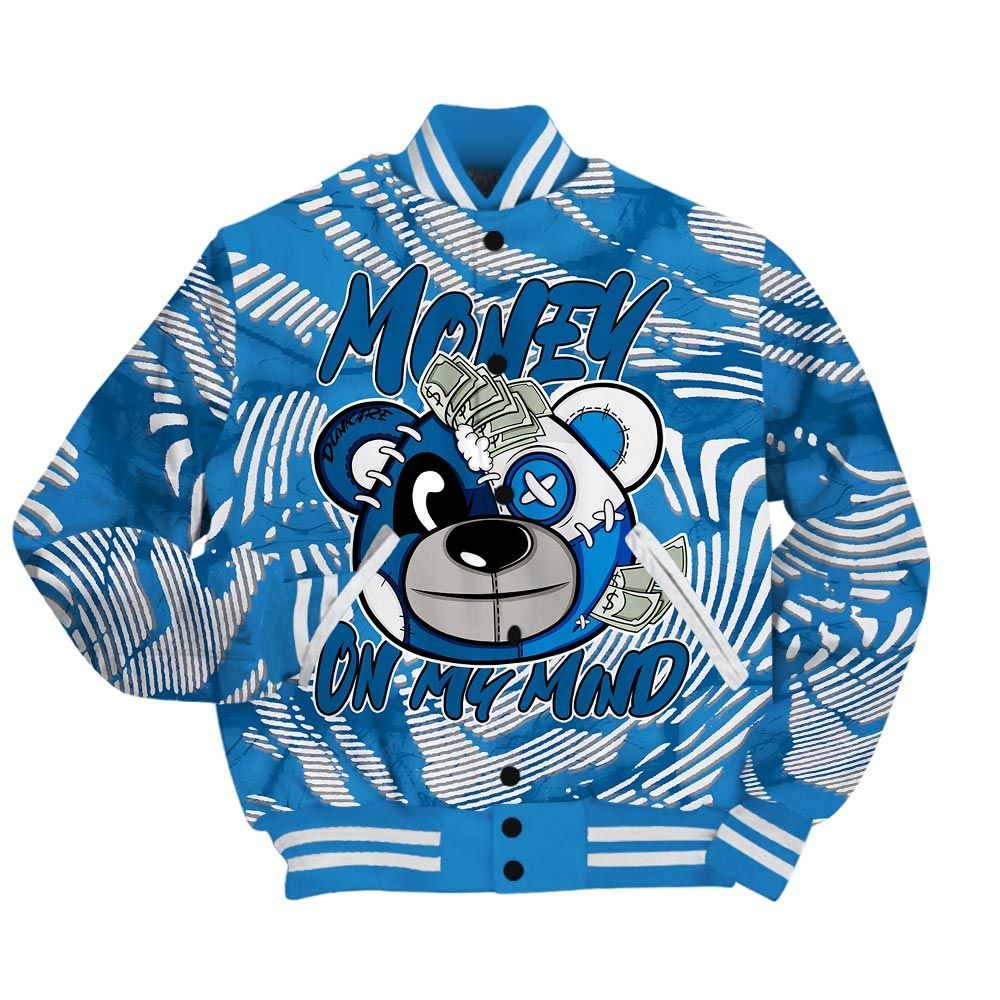 Varsity Jacket To Match Industrial Blue 4s - Money On My Mind Bear Fume Varsity Jacket Unisex