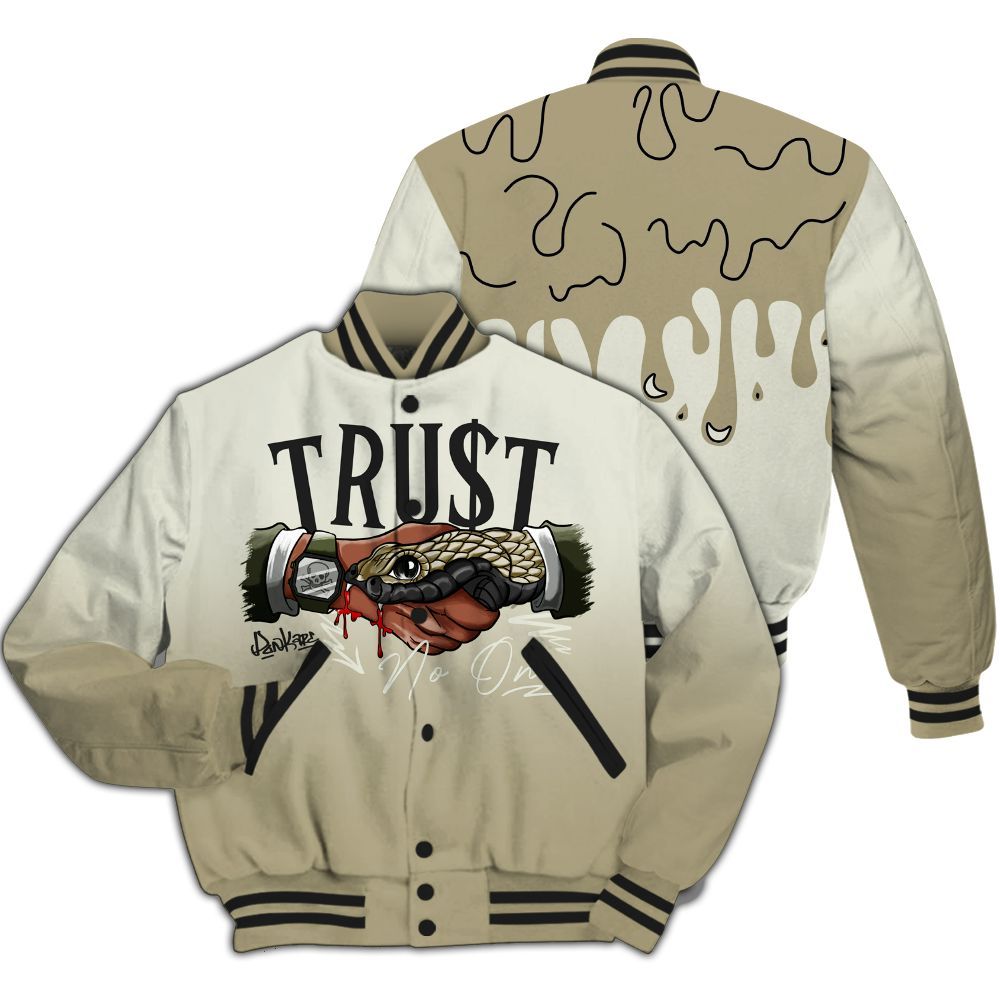 Varsity Jacket To Match Low OG Medium Olive 1s - Trust No One Drip All Over Print