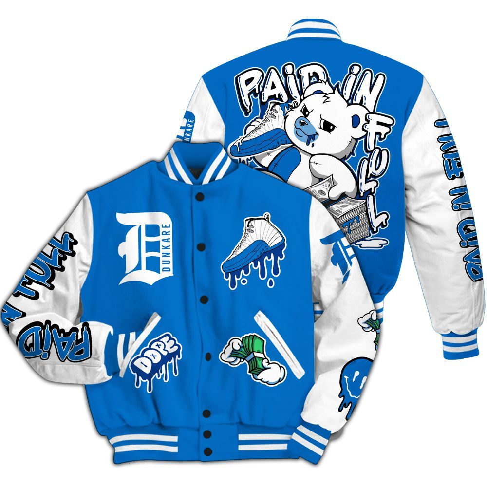 Varsity Jacket To Match Blueberry 12s - Drip Paid In Full Moneys Bear Graphics All Over Print