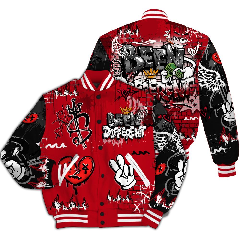 Varsity Jacket To Match Bred Velvet 11s - Been Dif2erent Drip Graffiti All Over Print