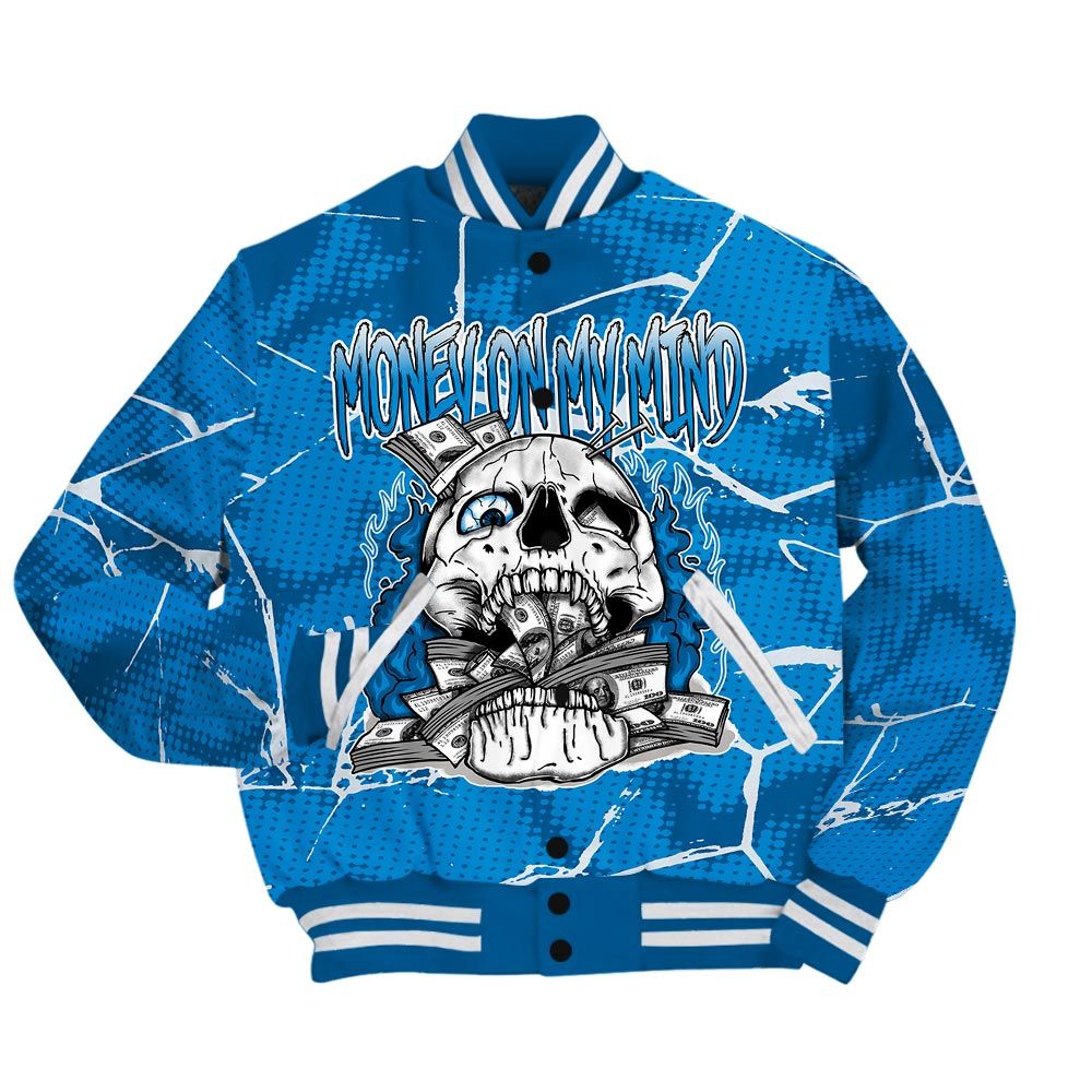 Varsity Jacket To Match Industrial Blue 4s - MOMM Skeleton Crack Varsity Jacket Unisex