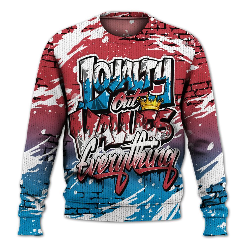 Knitted Sweater To Match High OG University Red Dark Powder Blue 1s - Values Of Loyalty Drip