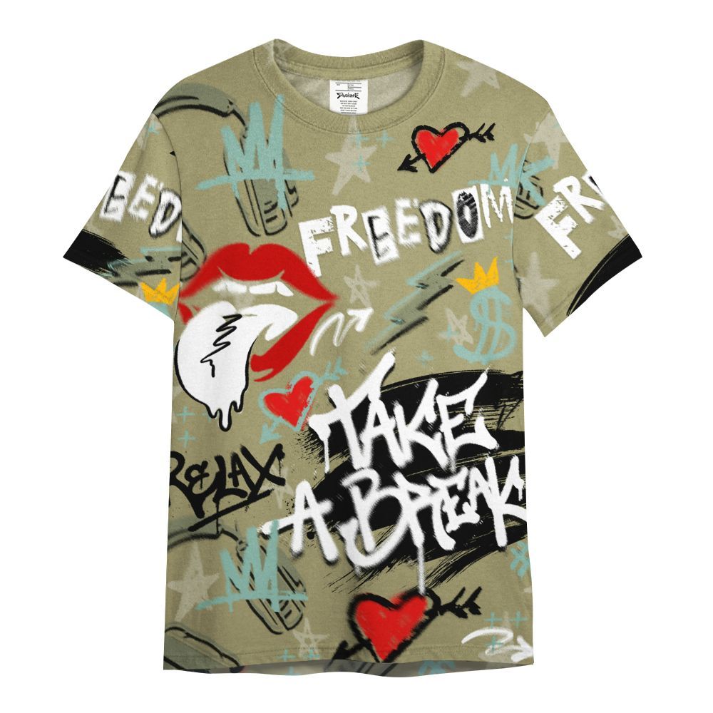 Shirt To Match Dunk Low Suede Olive Aura - Take Break Freedom Graffiti Streetwear All Over Print