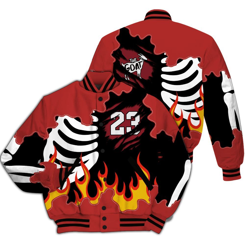 Varsity Jacket To Match Bred Reimagined 4s - Burning Skeleton 23 G.O.A.T All Over Print