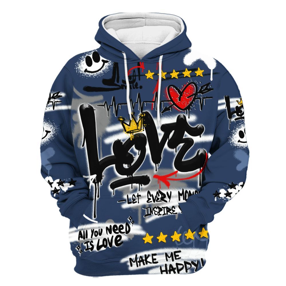Hoodie To Match Low 85 Metallic Blue 1s - Happy Love Beats Graffiti Streetwear All Over Print