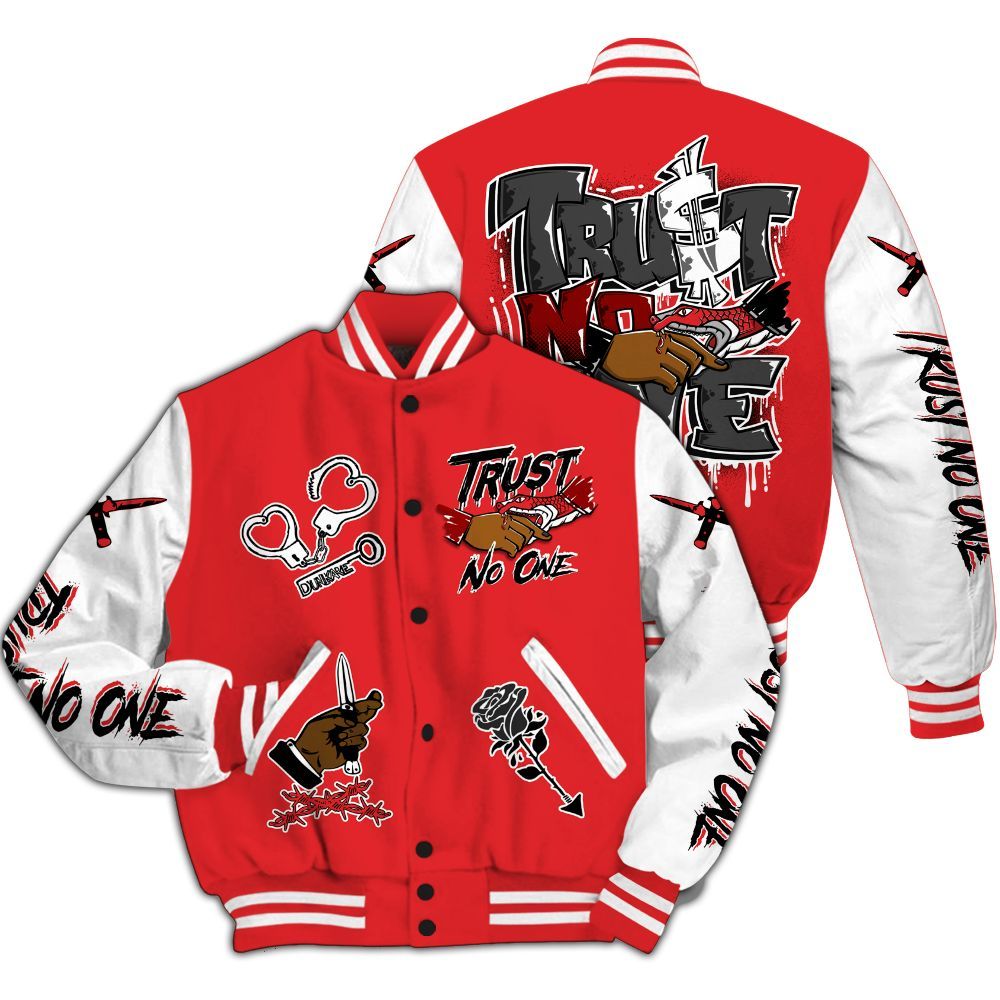 Varsity Jacket To Match Chile Red 9s - Trust No One Dripping All Over Print