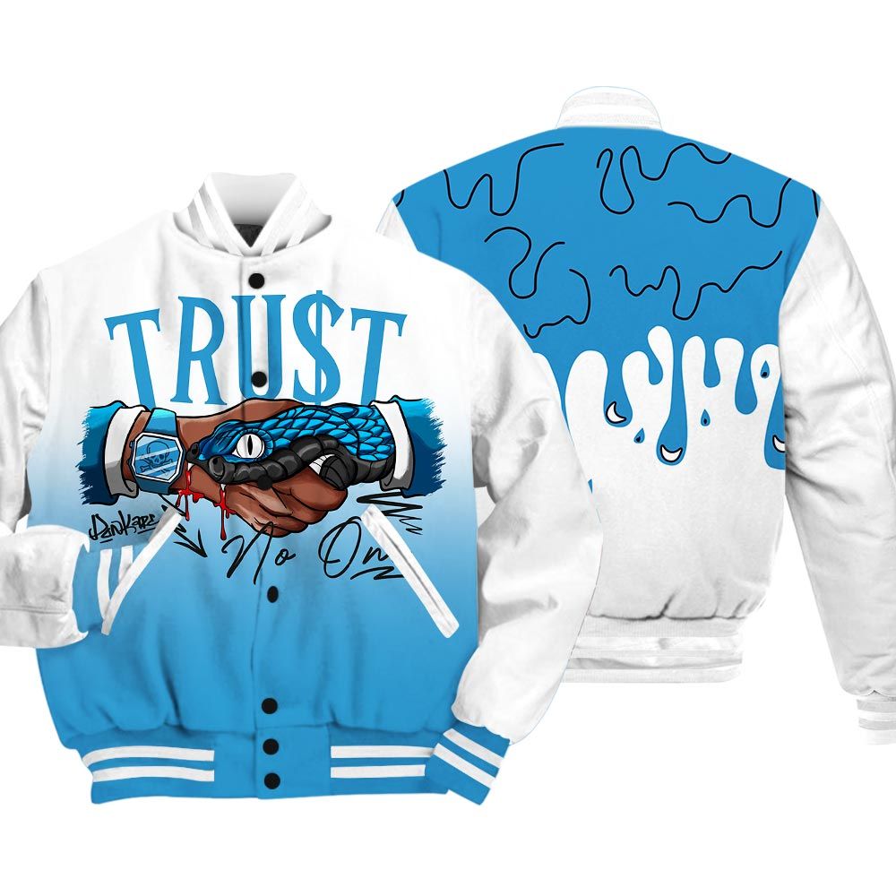 Varsity Jacket To Match Varsity Streetwear Snake Trust No One Drip, Powder Blue 9s T-Shirt, Sneaker Powder Blue 9s Baseball Varsity Jacket 1604 NCT