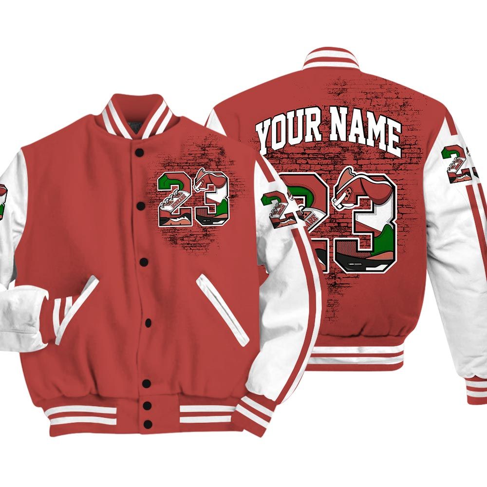 Varsity Jacket To Match Varsity Custom Name Number 23 5s, Dune Red 13s Baseball - To Match Sneaker Dune Red 13s Graphic Tee 1904 HDT
