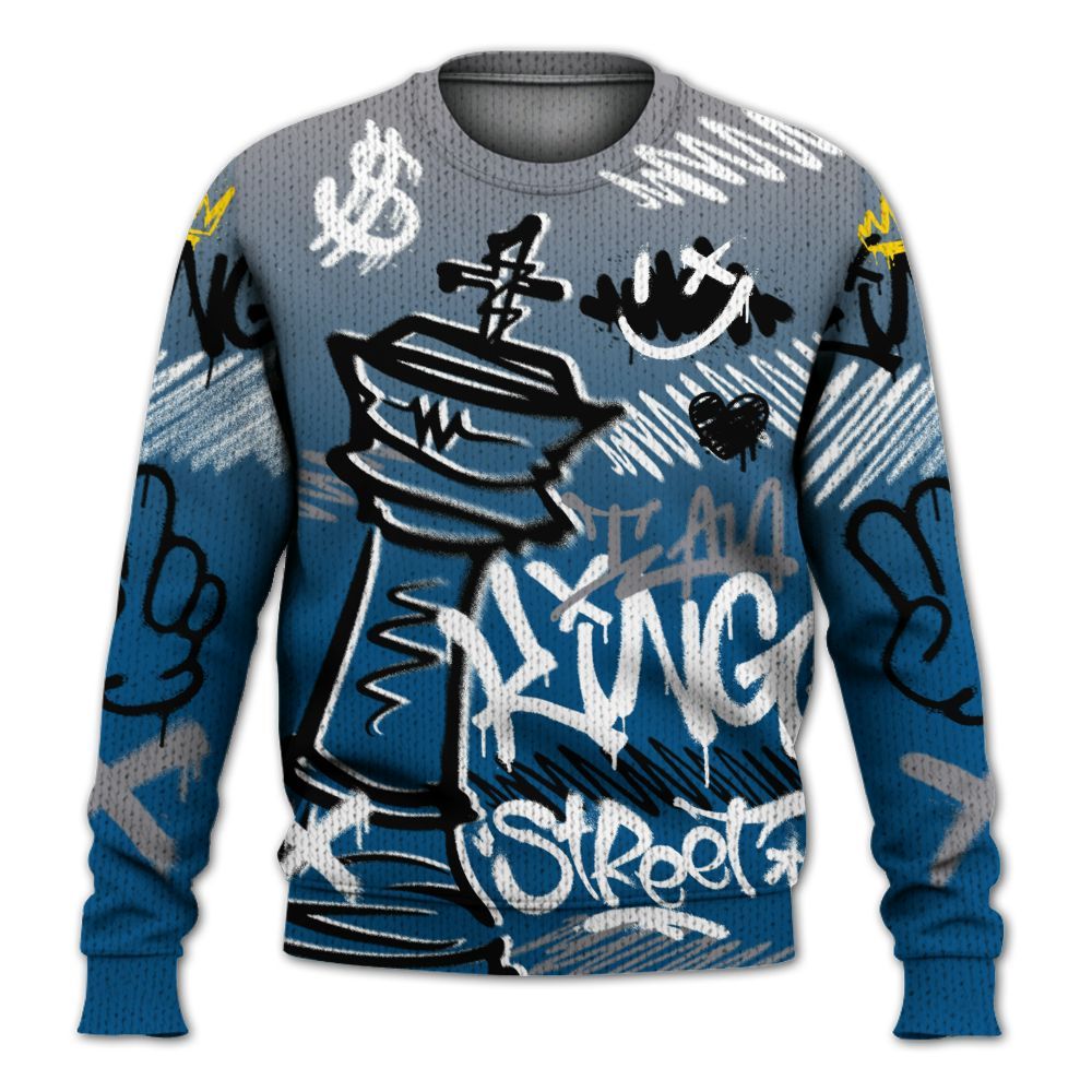 Knitted Sweater To Match High OG True Blue 1s - Street King Chess Streetwear