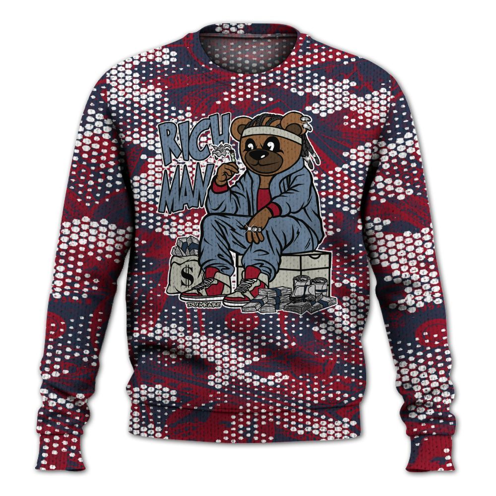 Knitted Sweater To Match Navy Blue 2024 6s - Rich Man Bear Banknotes Art