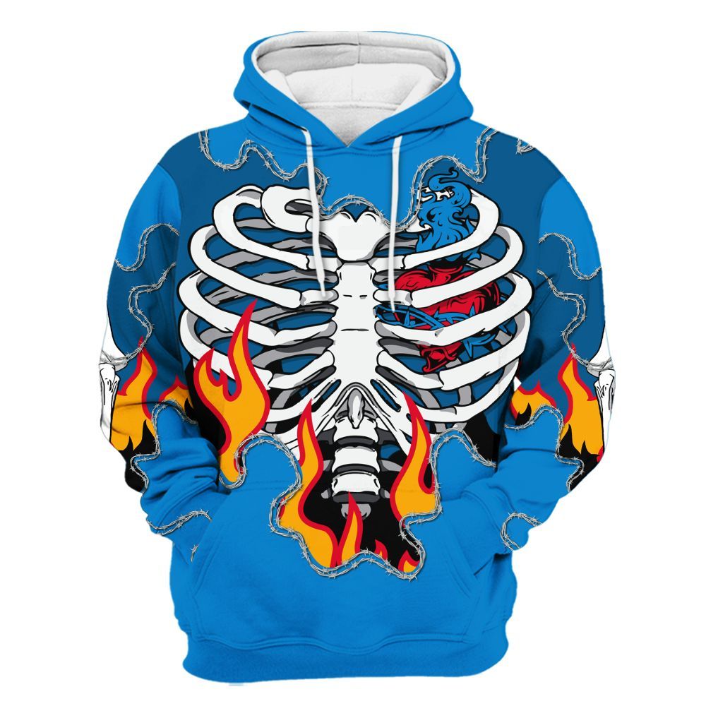 Hoodie To Match Industrial Blue 4s - Skeleton Heart On Fire Military Blue 4s All Over Print