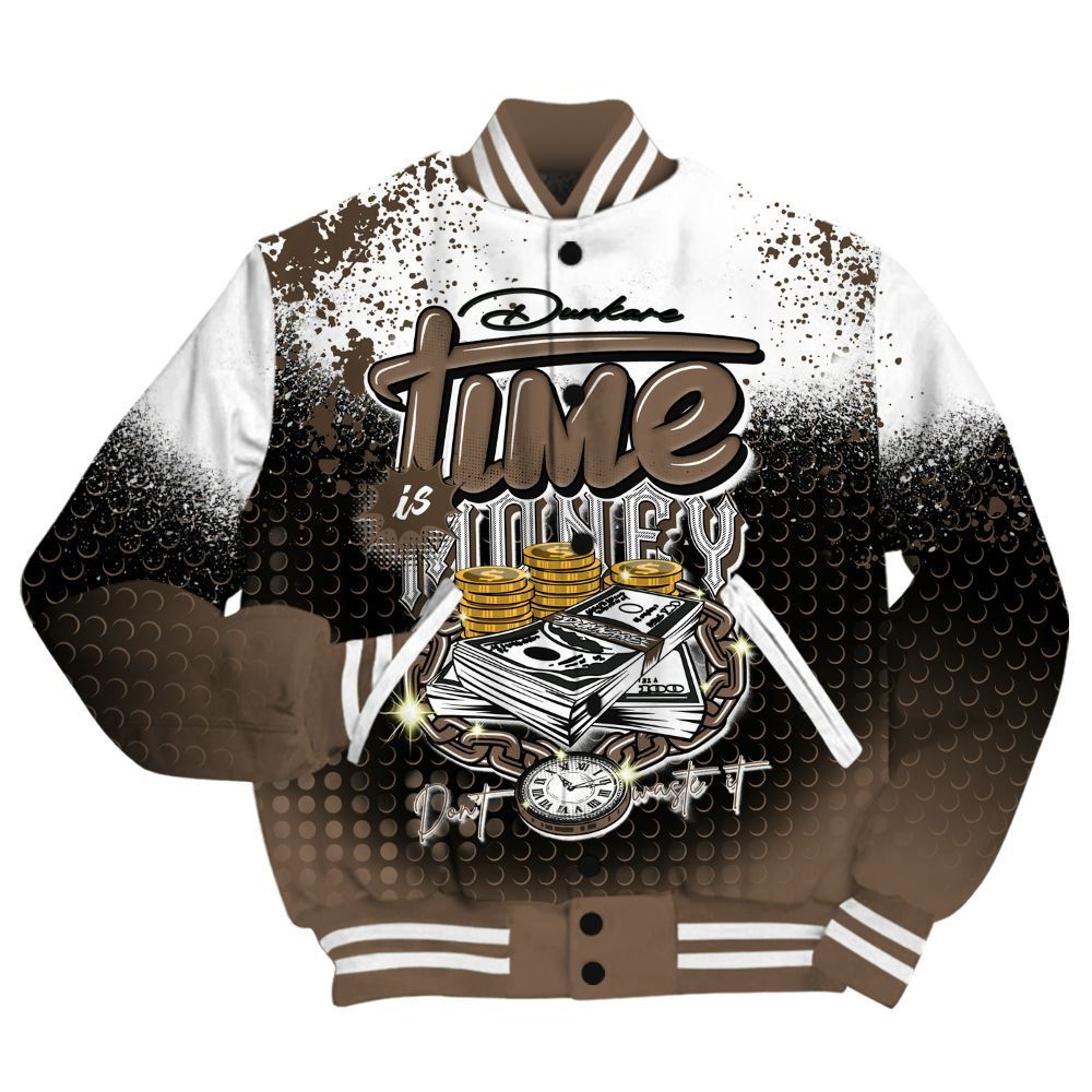 Varsity Jacket To Match Dark Mocha Jack Shirt, Halftone Time Is Money All Over Print