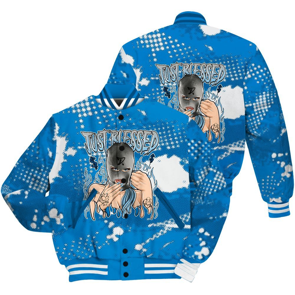 Varsity Jacket To Match Industrial Blue 4s Shirt - Blessed!! Smoke Dot All Over Print
