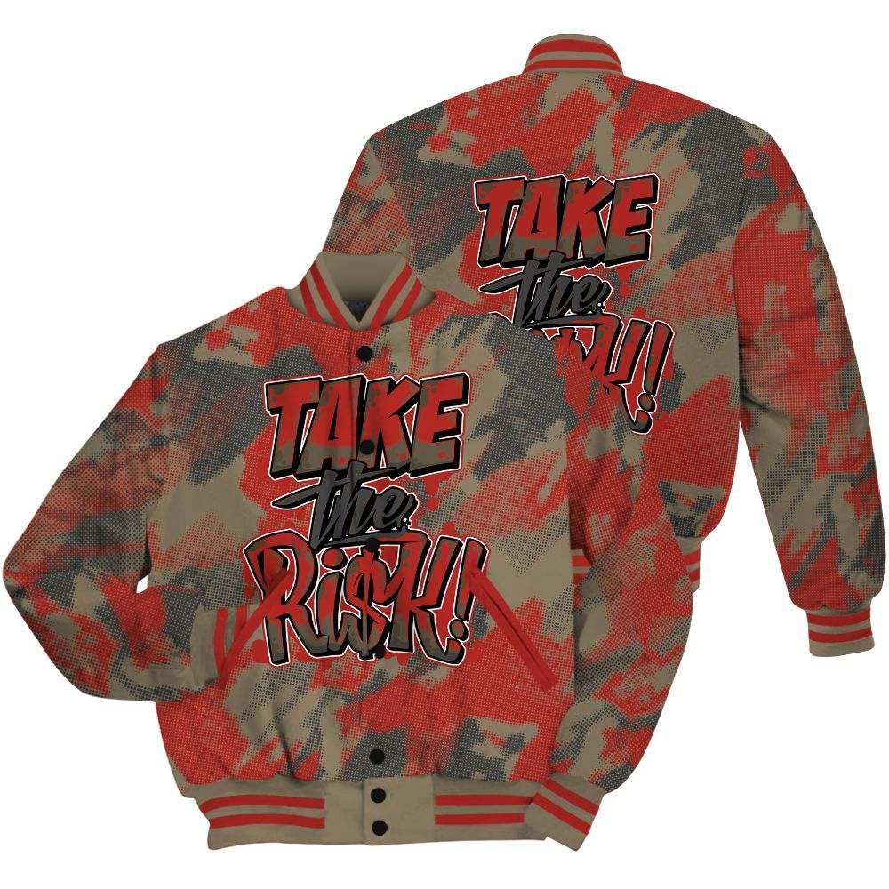 Varsity Jacket To Match Olive 9s Shirt - Take Risks Abstract All Over Print